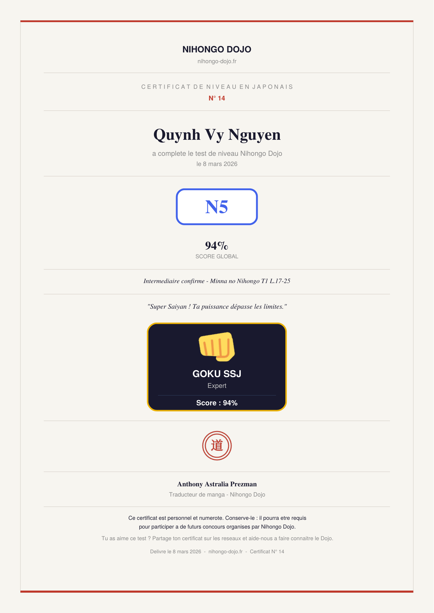Certificat Nihongo Dojo mis à l'honneur