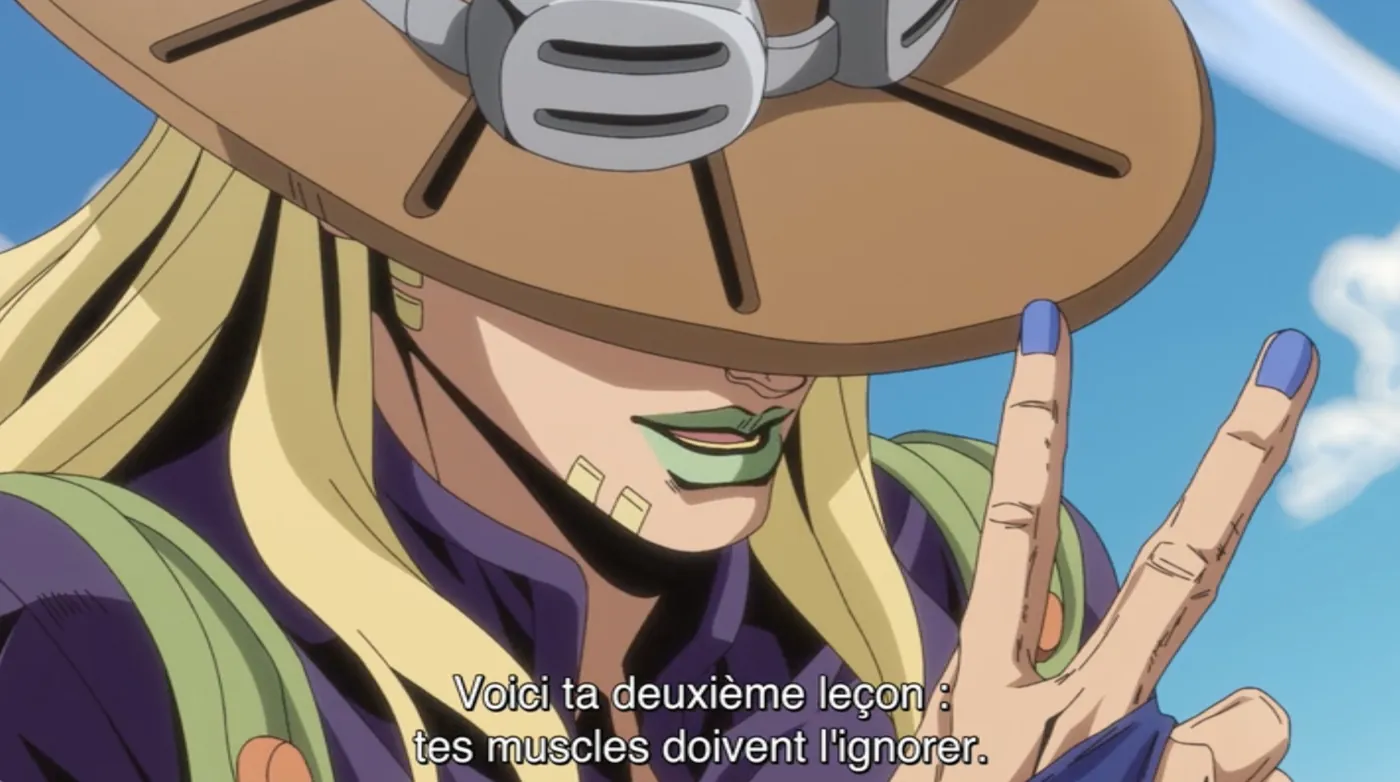 Gyro Zeppeli lève deux doigts pour annoncer sa deuxième leçon, sous-titre : Voici ta deuxième leçon : tes muscles doivent l’ignorer.