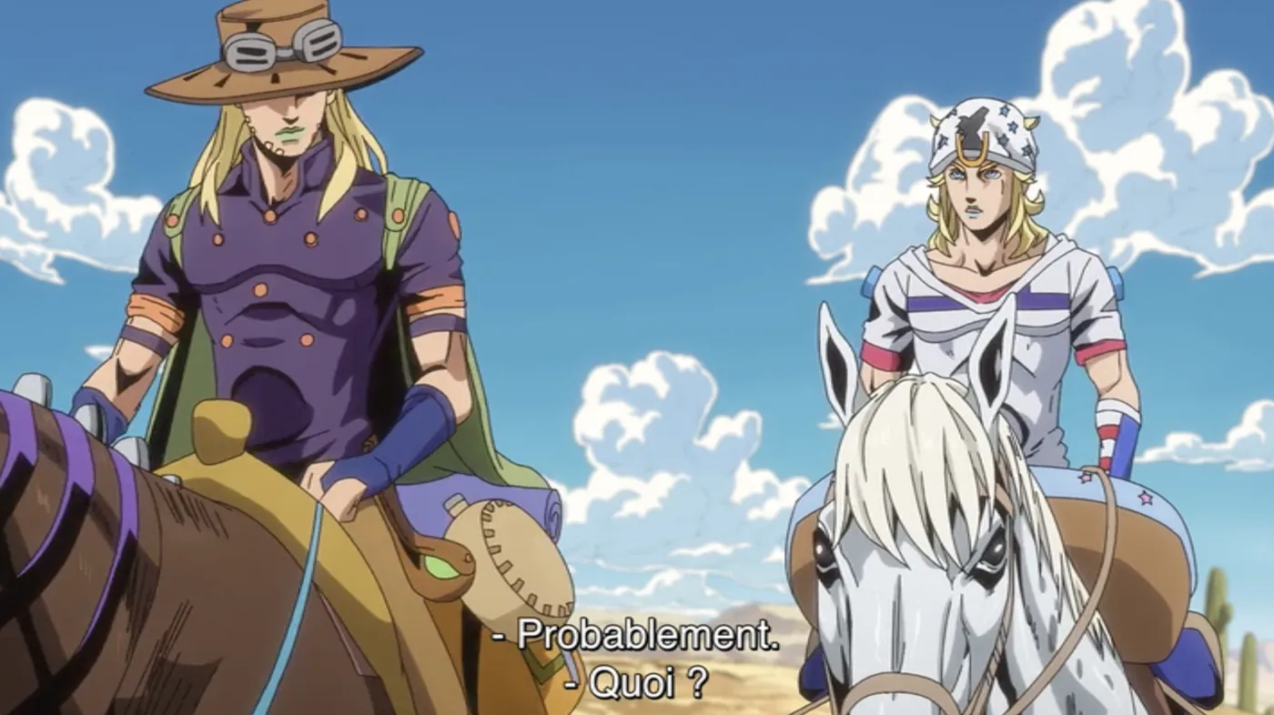 Gyro et Johnny à cheval dans le désert, sous-titres : Probablement. Quoi ?