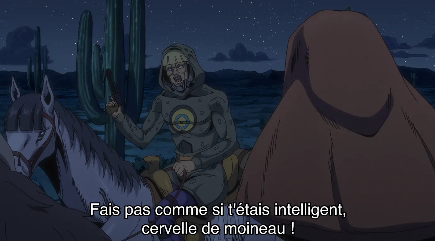 Benjamin Boomboom à cheval, un revolver à la main, sous-titre : Fais pas comme si t’étais intelligent, cervelle de moineau !