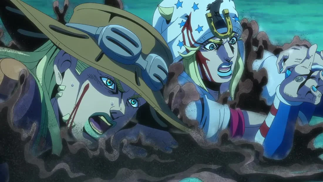 Gyro et Johnny à moitié enfoncés dans le sol, le visage ensanglanté.