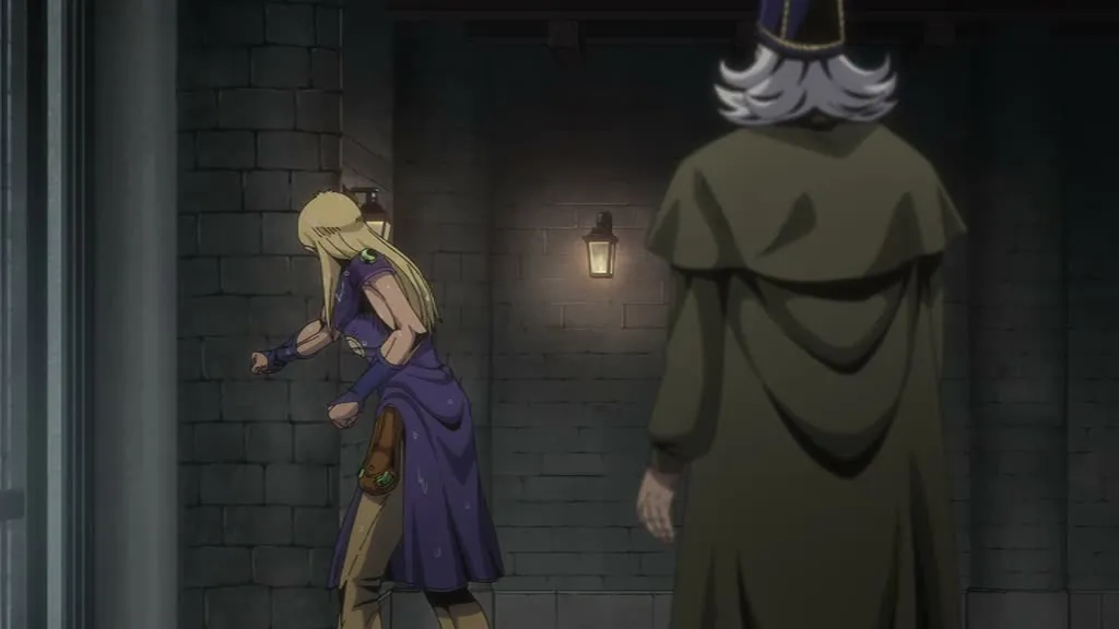 Gyro penché dans un couloir de pierre, Gregorio de dos au premier plan.